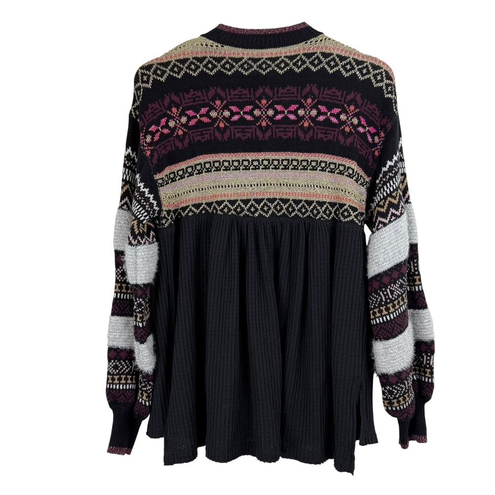 Free People Cozy Cottage Babydoll Fair Isle Metallic Zip Sweater Black XS - Picture 5 of 8
